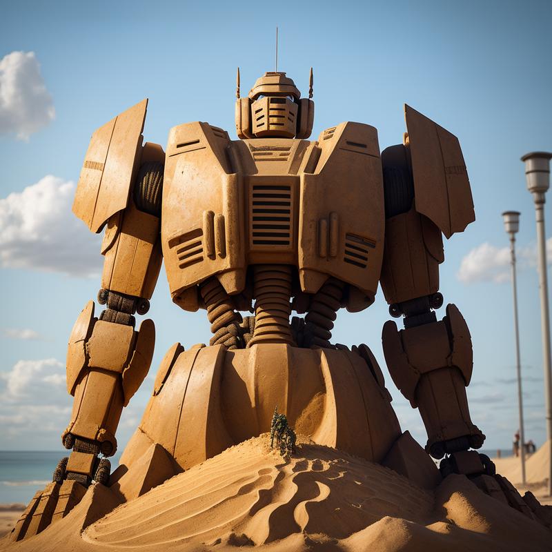 00035-3078769279-a (sandsculpturecd, sand) armored robot, battle mech, (solo_1.2), standing in sandbeach, , no humans, high quality, masterpiece,.png